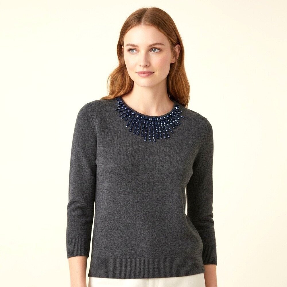 J.Crew Charcoal Gray Beaded Neckline Wool Blend Sweater Embellished Knit Size L
